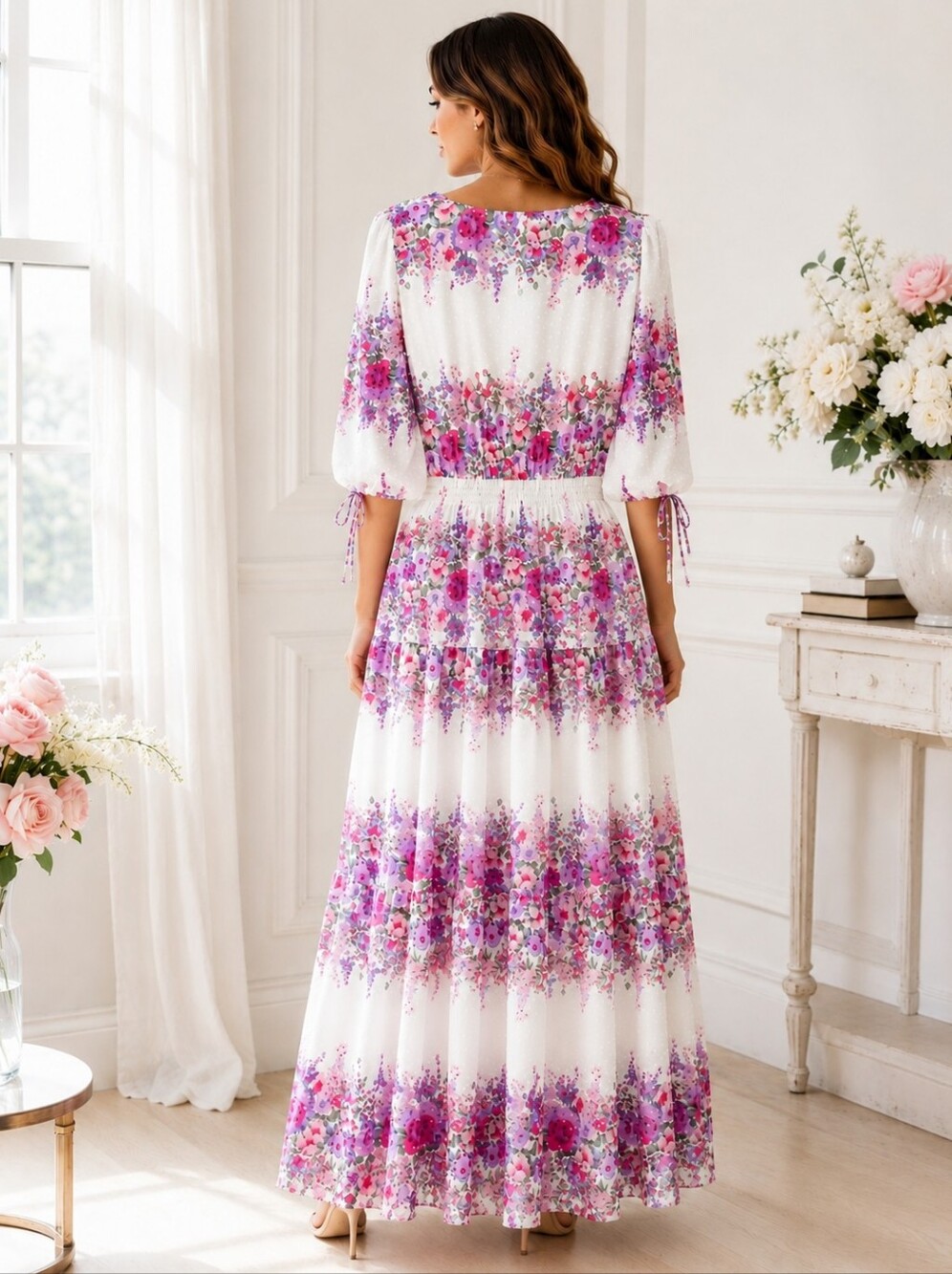 White and Pink Floral Maxi Dress - Women's V-Neck Tiered Dress - Picture 2 of 8